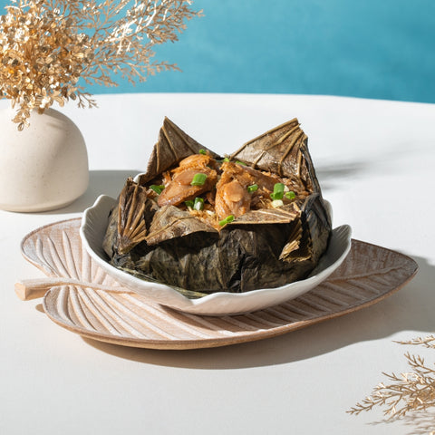 Steamed Duo Rice with Abalone and Chinese Sausage in Lotus Leaf